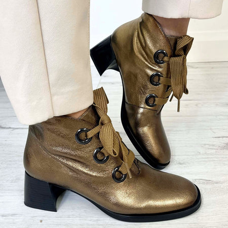 Hispanitas Dark Gold Leather Lace Up Ankle Boots