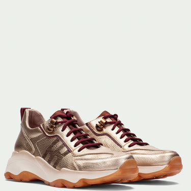 Pair of bronze sneakers with brown laces on a light gray background