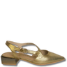 Gold pointed toe shoe with a strap on a white background