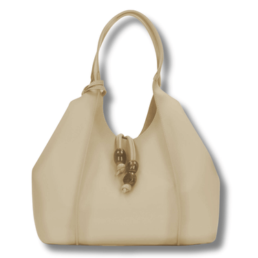 Beige handbag with a decorative clasp on a white background