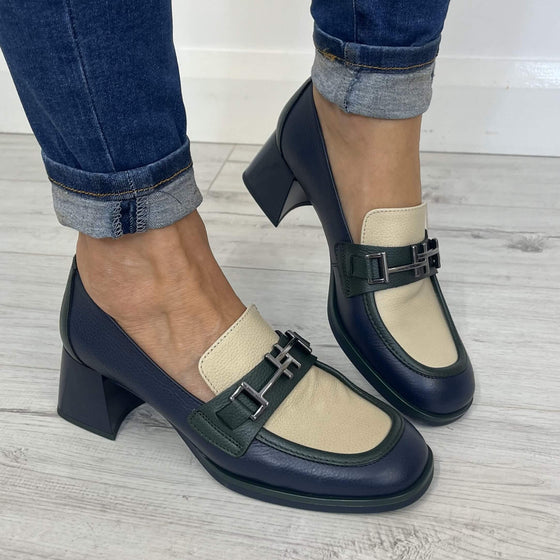 Hispanitas Navy & Cream Leather Slip On Heeled Shoes