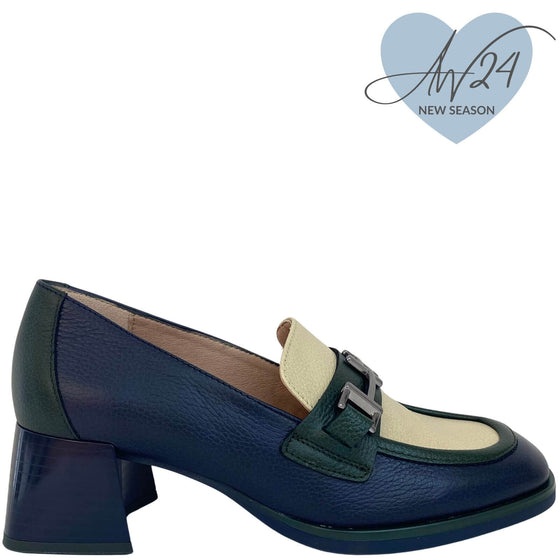 Hispanitas Navy & Cream Leather Slip On Heeled Shoes