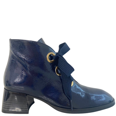 Hispanitas Navy Patent Leather Lace Up Ankle Boots
