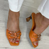 Hispanitas Orange Leather Curb Chain Mid Heel Mules