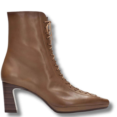 A brown leather ankle boot with a pointed toe, a high block heel, and decorative side laces, shown from a side profile on a white background.