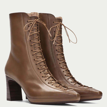 Hispanitas Pale Tan Lace Up High Heeled Pointed Toe Boots
