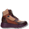 A high-top platform sneaker boot by Hispamitas, featuring a multi-colored design with tan suede, brown pebbled leather, and a deep purple sole and collar trim.