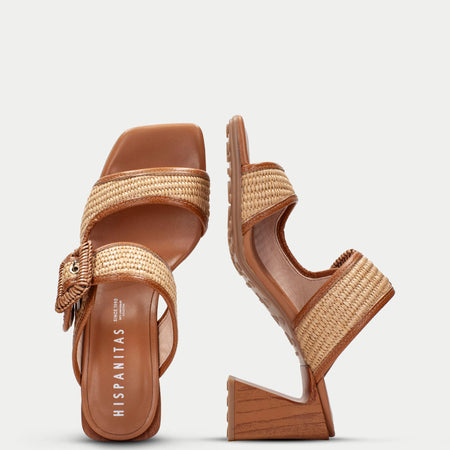 Hispanitas Tan Natural Rafia Square Toe Mule Sandals