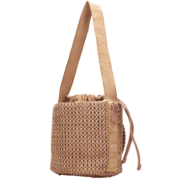 Woven handbag with a strap on a white background