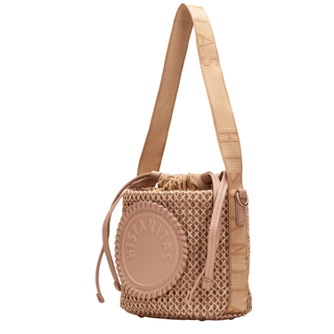 Brown woven handbag with a strap on a white background