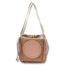 Brown woven handbag with a visible brand logo on a white background