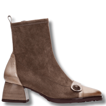 Brown ankle boot with beige accents on a white background