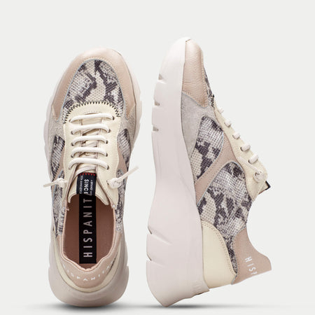 Hispanitas Taupe Leather Python Elevated Sole Sneakers