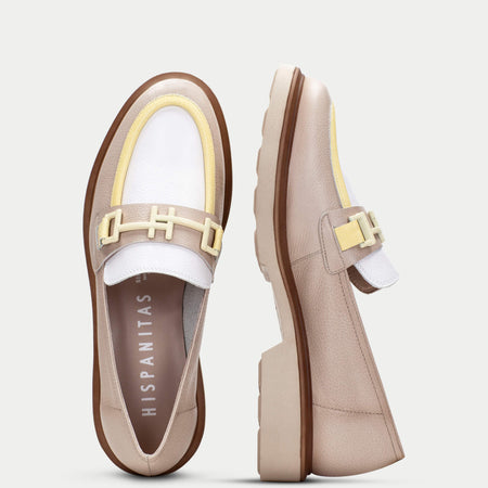 Hispanitas Taupe & Yellow Leather Slip On Loafers