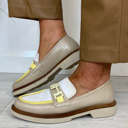 Hispanitas Taupe & Yellow Leather Slip On Loafers