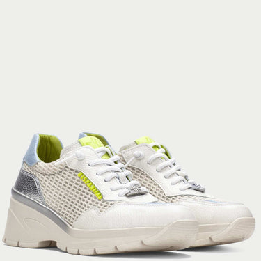 white wedge sole sneakers with lime green