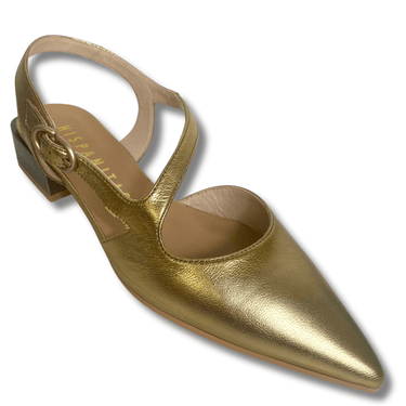 Gold pointed-toe shoe with slingback design on a white background