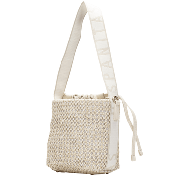Beige woven handbag with a drawstring on a white background