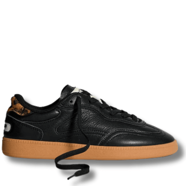 Black sneaker with brown sole on a white background