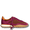 Sneaker with maroon and brown design on a white background