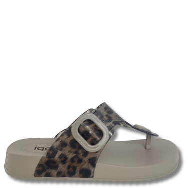 Beige sandal with leopard print strap on a white background