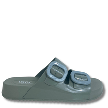 khaki green sandal with 'igor' branding on a white background