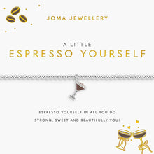 A Joma Jewellery bracelet displayed on its branded gift card. The bracelet is a delicate silver chain with a small martini glass charm.
