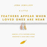 Joma Jewellery feather bracelet on a white card with text