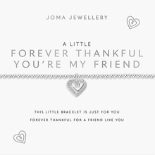 Silver bracelet with heart charm on a white background, featuring Joma Jewellery branding.