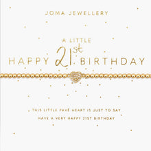 A gold beaded bracelet with a pavé heart charm and delicate chain, displayed on a white card with gold text celebrating a 21st birthday.