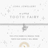 A silver tooth fairy charm bracelet by Joma Jewellery, displayed on its white backing card. The card features silver text and illustrations of stars, with the brand name 'Joma Jewellery' and product name 'A Little Tooth Fairy' clearly visible.
