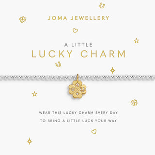 Joma Jewellery Lucky Charm bracelet on a white card with gold text