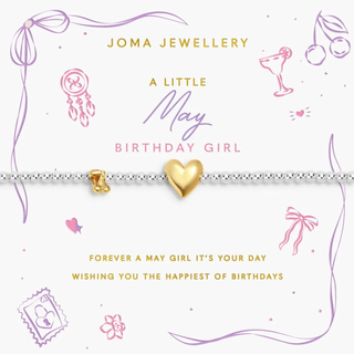 Joma Jewellery bracelet with gold heart charm on a decorative card
