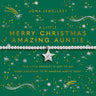 A silver bracelet with a star charm and rhinestone border, presented on a green Joma Jewellery gift card that reads 'A LITTLE MERRY CHRISTMAS AMAZING AUNTEE'.