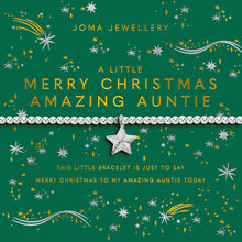 A silver bracelet with a star charm and rhinestone border, presented on a green Joma Jewellery gift card that reads 'A LITTLE MERRY CHRISTMAS AMAZING AUNTEE'.