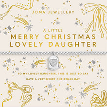 Joma Jewellery 'A Little Merry Christmas Lovely Daughter' gift card with a silver heart pendant on a cream background with gold and silver festive illustrations.