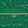 Joma Jewellery bracelet packaging with festive design and text on a green background