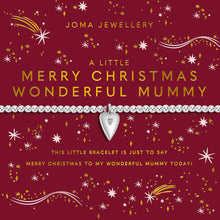 Joma Jewellery bracelet packaging with festive design and text on a red background
