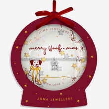 Joma Jewellery Christmas-themed gift box containing a silver dog charm bracelet and a silver star bracelet, decorated with a red ribbon bow on a light gray background.