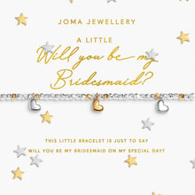 Joma Jewellery bracelet asking 'Will you be my Bridesmaid?' with stars and hearts on a white background