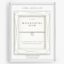 Joma Jewellery bracelet packaging with 'A Little Wonderful Mum' text on a white background