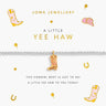 Joma Jewellery 'A Little Yee Haw' bracelet packaging with cowgirl boot charm on a white background.