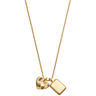 Gold necklace with heart and square pendants on a white background