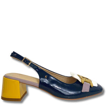 Navy blue shoe with a yellow heel on a white background