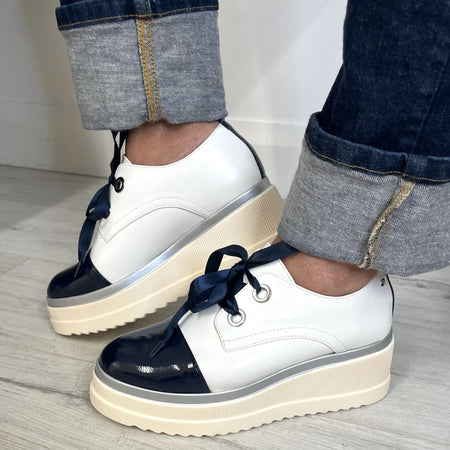 Kate Appleby Buckworth White & Navy Elevated Sole Shoes