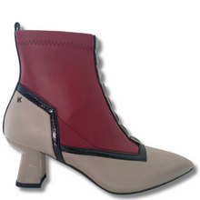 ladies pointed toe boots in burgundy and taupe