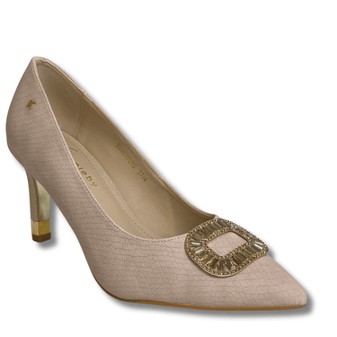 Beige high-heeled shoe with a decorative gold buckle on a white background