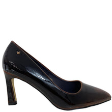 A single dark brown patent leather pump with a pointed toe and a mid-height block heel, shown from a side profile on a white background.