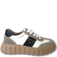 Sneaker with a brown sole, gray sides, and white laces on a white background