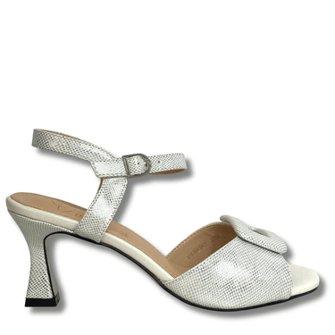 Silver high-heeled sandal on a white background